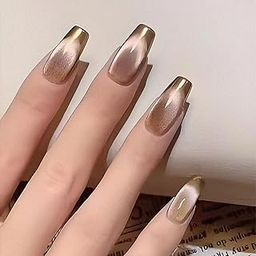 Kriga 24 Reusable Artificial Fake Nail Set| Peach Golden Cat Eye Glossy Nails| Lightweight & Long Lasting| Quick Fix For Festivals & Special Occasions-picture-12