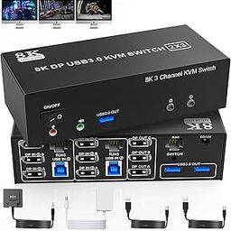 8K@60Hz USB3.0 KVM Switch 3 Monitors 2 Computers 4K@144Hz, DP1.4 Displayport KVM Switch Triple Monitor for 2 PCs Share 3 Monitors, RJ45 Ethernet Splitter 1 to 2, Audio Mic Port and 3 USB3.0 Devices-8
