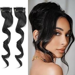 HAIR WALA™ 02 PCS Side Air Bangs, Clip in Bangs Front Side Bangs Set Long Temples, Bangs Hair Clip on Fringe Bangs with Temples Synthetic Long Dragon beard Bangs Hair 12 inch Black Color (Black)-image-99