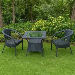 TIKKOST 3-Piece Wicker Rattan Patio Furniture Set, 2 Chairs and Glass Top Table, Indoor Outdoor Balcony Set (Grey)-image-76