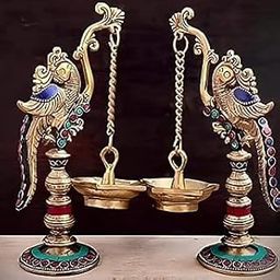 Indian Royal Art Gallery Brass Parrot Design Hanging Dipak Set / Bird Diyas Oil Wick Lamp / Fengshui Deep / Deepak for Home Décor / Puja Item / Traditional Deepam / L×W×H-17×16×24Cm,W-1.8Kg-image-45