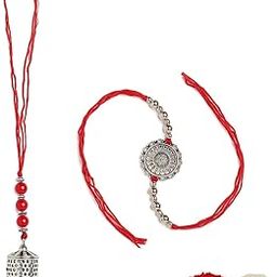 Red Lumba Rakhi Set For Bhaiya Bhabhi -German Silver Rakhi Combo Set For Unisex Adult with Roli Chawal, Message Card in Rakhi Gift Box-image-26