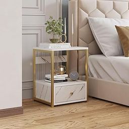 HOME CUBE Bedside Table with Storage 1 Drawer & Open Shelf Side Table Night Stand End Table Organiser Space Saver Storage Organizer for Living Room Bedroom Hallway Marble Texture Top Design (BST-011)-image-6