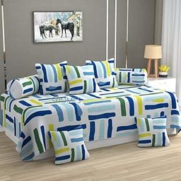 diwan Set for Living Room, diwan Set Covers Glace Cotton, diwan Set 8 Pieces (1 Single Bedsheet, 5 Cushion Covers, 2 Bolster Covers) (Color-Green & Yellow), Standard-4