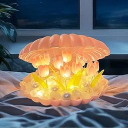 SARVO> LED Pearl Shell Night Light, Decorative Seashell Lamp with Floral Design, Battery Operated, Colour Changing Gift for Women, Girl, Soft Pink Glow, Home Decor (Shell Tulip)-image-48