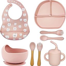FunBlast Silicone Baby Feeding Set – 8 Pcs Tableware Dinner Set for Baby, BPA Free Baby Led Weaning Set with Suction Plate, Bowl, Cup, 2 Fork, 2 Spoon, Baby Bib, Silicone Dinner Set for Baby (Pink)-19