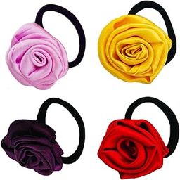 Rose Flower Ponytail Rubber band for Women and Girls, Combo of 4, Pink, Yellow, Purple, Red-image-42