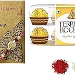 Vending India X Ferrero Rocher Rakshabandhan Gift Hamper with 1pc Rakhi In a Card With Roli, Chawal, Chandan & Mishri (Ferrero rocher T16 (16 pcs)) | Rakhi May Vary-image-2