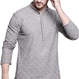 Men's Sequin Embroidered Pure Cotton Kurtas-image-60