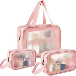 KINDRED Cosmetic Wash Bag Makeup Pouch Travel Transparent Toiletry Bag Zipper Wash Bag with Handle Household Grooming Kit Portable Organizer Pouch Storage Kit, Set of- 3. (Pink)-image-76