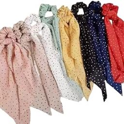 Xcilos Dotted Hair Bands/Ribbon Scrunchie/Scarf Ponytail Holder Scrunchy Ties Vintage Accessories for Women Random Color (8 Pieces)-image-48
