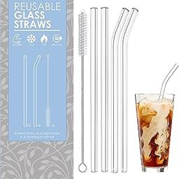 The Tea Trove Glass Straws With Cleaning Brush | 4 Transparent Straws & 1 Cleaner | Clear Reusable, Elegant Alternate to Stainless Steel for Drinking Juice, Smoothie-0