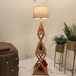 Lotus Wooden Italian Wooden Crafter Standard Size Floor Lamp New Cross Design with Khadi Lamp Shade, Bulb and Holder, Shade Included (12 inch)-29