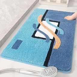 GAVI Home Decore Modern Abstract Bath Mat for Bathroom Non-Slip Machine Washable Thick Fluffy Floor Mat for Shower Bedroom and Balcony (60x40 Blue with Orange Accent)-image-23