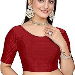 Women's Round Neck Dobby Cotton Stretchable Half Sleeve Readymade Saree Blouse-image-95
