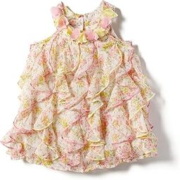 Polyester Girls Green Pink Ruffled Floral Georgette A-Line Dress Knee-Length Casual-image-4