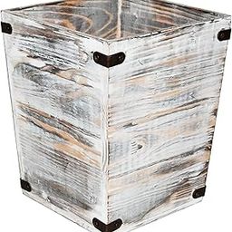 OwlGift Decorative Rustic Whitewashed Wood Trash Can, Farmhouse Stylish Wooden Waste Basket Near Desk, Square Garbage Cans Trashcan with Metal Brackets for Office, Bedroom & Bathroom-19