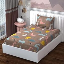 Super Soft Breathable Skin Friendly 180 Tc Animal Design Printed for Kids Room Single Bedsheet with 1 Pillow Cover-(Color- Skin Color, 152 x 228 cm)-13