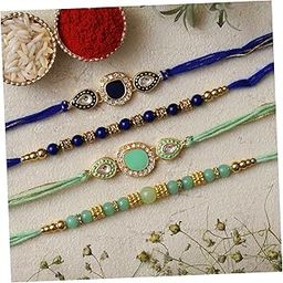 Set of 4 Multicolor Beads Kundan Designer Rakhis for Brother, Bhabhi, Kids with Roli Chawal Pack-image-44