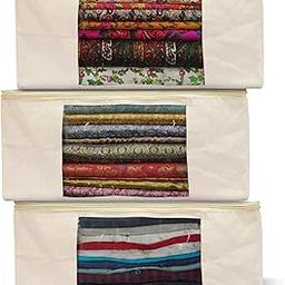 EliteOne Canvas Cotton Clothes Storage Bags/Saree Covers with Zip | Heavy-Duty, Washable Wardrobe Organizer for Sarees, Lehengas, Dresses & More | Storage Solution (Pack of 3, 17 x 14 x 7 Inches)-image-46
