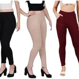Vedha Creations Womens Jeggings with Pocket (Buy 2 Get 1 Free) Black, Gold,Maroon (Pack of 3)-image-37