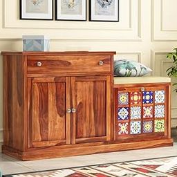 DN Furniture Sheesham Solid Wood Boho 15 Pair Modern Wooden Shoe Rack with Seat Walnut Finish-image-67