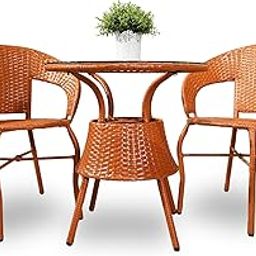 DREAM DEAL Rustic Orange Rattan Bistro Set – 3 Piece Outdoor Patio Set with 2 Wicker Chairs & Round Glass Table | Weather-Resistant Garden Furniture for Balcony, Terrace, Lawn or Café Use-image-2