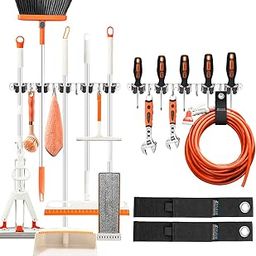 Kosair 2 Pack Broom Holder Wall Mount with 13" Heavy-duty Storage Strap Kit - 5 Slots & 4 Hooks Broom Mop Holder, Heavy Duty, Stainless Steel, for Laundry Room Garage Closet Organization-image-73