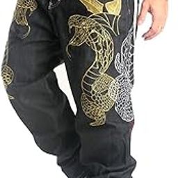 Ubervia Mens Jeans Fashion Skateboard Pants Snake Embroidery Baggy Jeans Hip Hop Denim Black Trousers-image-96