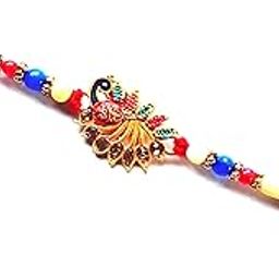 Decorative Rakhi with Golden-Toned dial, Multicolored Beads, Traditional Red Thread-image-49