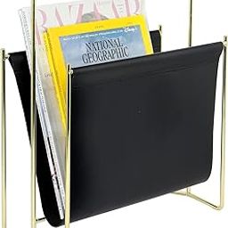 INDIAN DECOR 31988 Modern Black Leatherette Magazine Holder Floor Standing Sling Style Rack with Chrome Metal Frame-21