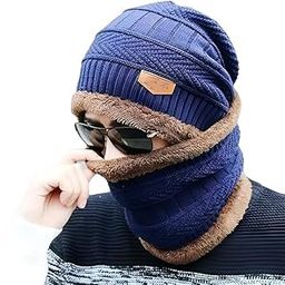 Navy Blue Woolen Cap and Neck Warmer Set, Winter Wear for Men and Women-picture-13