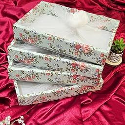SATYAM KRAFT 3 Pcs Multipurpose Decorative Folding Gift Box | Folding Paper Hamper Boxes for Wedding, Birthday, Return Gifts, Sweets, DIY Craft | Rectangular Cardboard Tray with Net-image-84