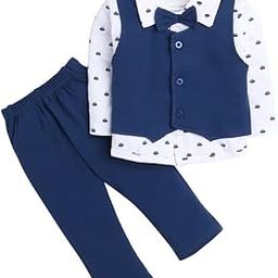 Navy & White Boys Full Sleeves Shirt Waistcoat & Pant Set With Applique Bow (Peb4118)-image-42