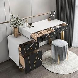 NG Decor Modern White & Black Makeup Vanity Expandable Dressing Table with Cabinet - (Stool Not Included)-image-6