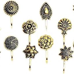 Oxidized Designer Studs Nose Pin For Stylish Women & Girls | Pressing Nose Rings For Women | Oxidised Nose Pin Without Piercing (Golden Color)-image-45
