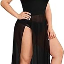 Plus Size Split Long Mesh Lingerie Dress Babydoll Maxi Dress Sleepwear Chemise Sleepwear Side Slits (XXX-Large, Black)-image-99