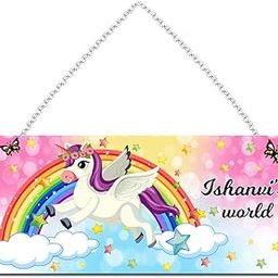 FurnishFantasy Rainbow Unicorn Customised Gift for Kids on Birthday | Return Gift | Kids Room Decor | Door Sign | Name Plate with Hanging Chain - Size: 11.5 x 5 inch - , Name - Ishanvi-image-36