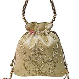 Golden Zardozi Work potli bags for Women Hand Embroidery Drawstring Potli Women's Handbag Purse With Pearl Handle & Tassel Purse-image-51