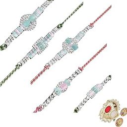 Premium Handcrafted AD Diamond Rakhi Set of 5 for Brother, Pure Cotton Thread Festive Bracelet Style Designer Combo Rakhi with Puja Thali, Roli Chawal & Rakshabandhan Greeting Card-picture-1
