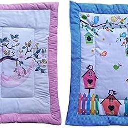 SmallBerry™ Combo Newborn Baby Pom Pom Cotton Baby Bed | Godari | Cradle Bed | Crib Sheet | Changing Mat Baby Godadi | Godari | Bedding Set | Mattress_Pack of 2 Piece_Bird & House-24