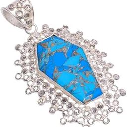 Stylish Blue Copper Turquoise Zircon Fancy Shape Ethnic Style 925 Sterling Silver Pendant 2.2" Best For Her-54