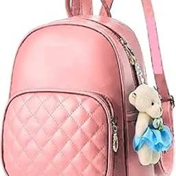 Trending Mini Backpack for Girls, Pink Quilted Design, PU Leather with Teddy Bear Charm-image-13