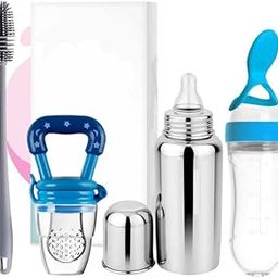 Stainless Steel Baby Feeding Milk Bottle 250 ML and Feeding Bottle with Spoon 90ML Bottle Cleaning Brush and Fruit Feeder Pack of 4 Items-image-68