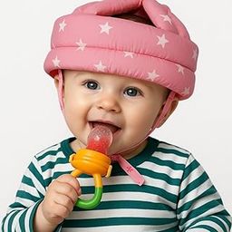 S-SQUARE Baby Helmet for Crawling Baby Head Protector - Head Protection for Infant tolder Baby Walking and Soft Cushion Safety Headguard + Baby Silicon Fruit Feeder (Pink Star)-image-53