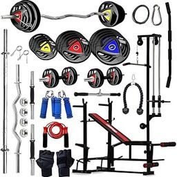 KENIT 10KG -100KG Rubber Coated Weight Plates Combo with 20 IN 1 Home Gym Bench, 5Ft Plain and 3Ft Curl Barbell Rods (23mm), Pair of Steel Dumbbell Rod & Accessories (40, Kilograms)-image-51