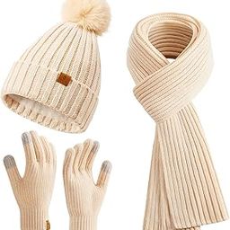 Womens Winter Beanie Hat Gloves Set Long Scarf Touchscreen Gloves Set with Fleece Lined Warm Knit Beanie Cap-image-48