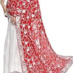 Women's Red Embroidered Parsi Gara Georgette White Thread Work Dupatta, free size-29