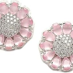 Rhodium-Plated American Diamond Studded Floral Shaped Handcrafted Stud Earrings For Girls and Women-image-2