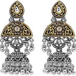 Shining Jewel Antique Two-Tone Gold & Silver Plated CZ, Large Sized Pearls Drops Jhumka Earring For Women (SJE_250)-image-70